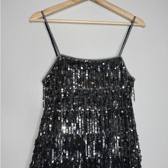 Alice + Olivia Chicago Sequin Fringe Mini Dress Gunmetal Silver/Gray Size US 4 - Picture 5 of 11